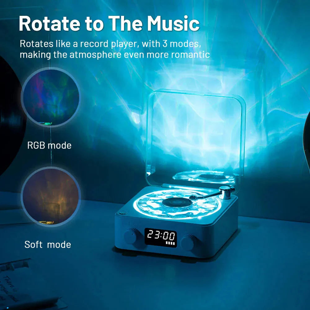 Occoutlet mini retro bluetooth speaker with rotating record player design LED mood lights and digital clock