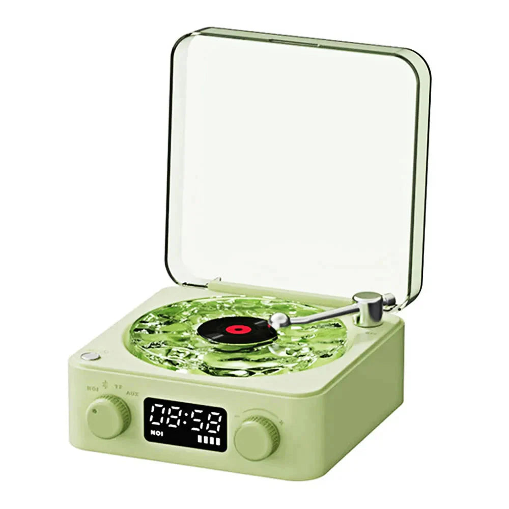Occoutlet mini retro bluetooth speaker mint green turntable design with clear lid digital display knobs