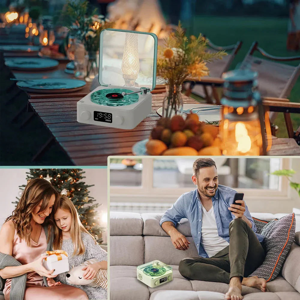Occoutlet mini retro bluetooth speaker with LED lights and clock shown at outdoor table sofa gift