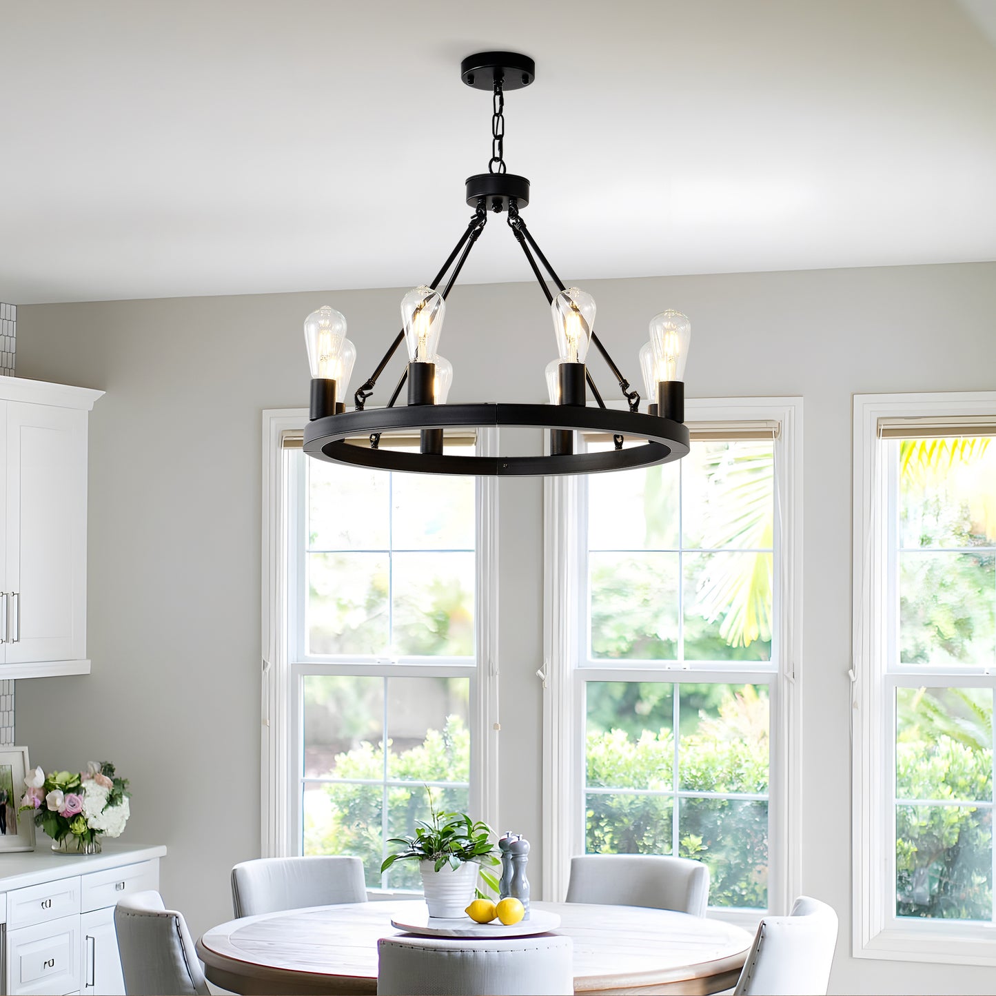 8-Light No Bulbs Matte Black Wagon Wheel Chandelier Farmhouse Modern Small Round Chandelier For Living Room Kitchen Island Foyer Hallway Entryway Bedroom Dining Room Light Fixture Ceiling Hanging