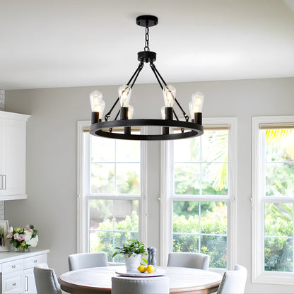 8-Light No Bulbs Matte Black Wagon Wheel Chandelier Farmhouse Modern Small Round Chandelier For Living Room Kitchen Island Foyer Hallway Entryway Bedroom Dining Room Light Fixture Ceiling Hanging
