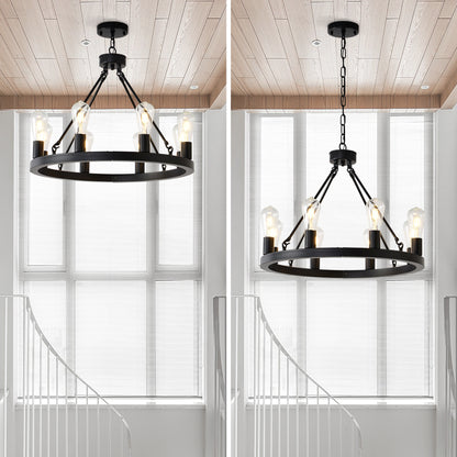8-Light No Bulbs Matte Black Wagon Wheel Chandelier Farmhouse Modern Small Round Chandelier For Living Room Kitchen Island Foyer Hallway Entryway Bedroom Dining Room Light Fixture Ceiling Hanging