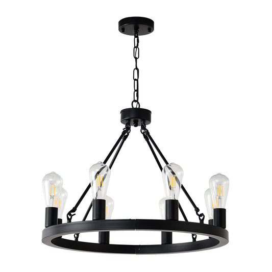 8-Light No Bulbs Matte Black Wagon Wheel Chandelier Farmhouse Modern Small Round Chandelier For Living Room Kitchen Island Foyer Hallway Entryway Bedroom Dining Room Light Fixture Ceiling Hanging
