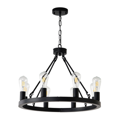 8-Light No Bulbs Matte Black Wagon Wheel Chandelier Farmhouse Modern Small Round Chandelier For Living Room Kitchen Island Foyer Hallway Entryway Bedroom Dining Room Light Fixture Ceiling Hanging