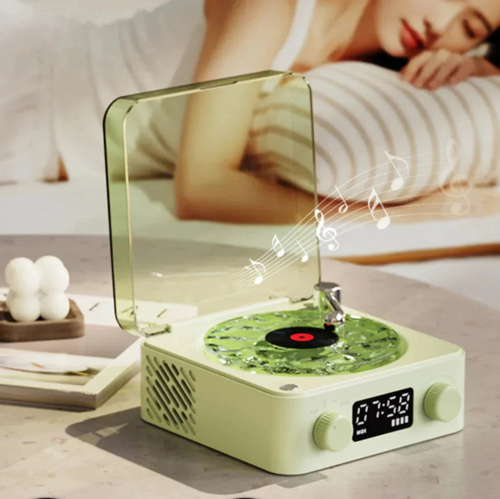 Occoutlet mini retro bluetooth speaker in pastel green with clear lid vintage turntable design and LED clock