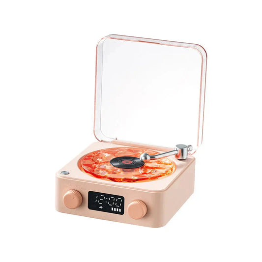 Occoutlet mini retro bluetooth speaker pink turntable design with clear lid digital clock and dual knobs
