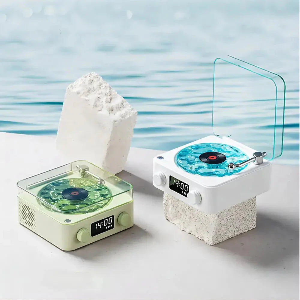 Occoutlet mini retro bluetooth speaker twin turntable design with digital clock and clear lid