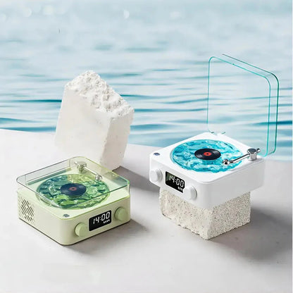 Occoutlet mini retro bluetooth speaker twin turntable design with digital clock and clear lid