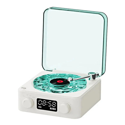Occoutlet mini retro bluetooth speaker portable turntable with teal translucent lid open digital display and tonearm