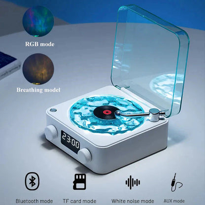 Occoutlet white mini retro bluetooth speaker turntable design with clear blue lid digital clock knobs and RGB lighting